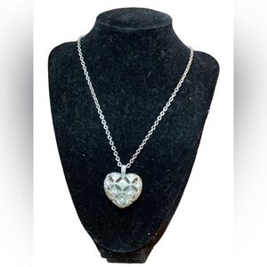 Heart Pendant Necklace with Rhinestones Silvertone 26”